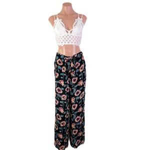 Band Of Gypsies Floral Tie Elastic Waist Wide Leg Pants Black Crimson Small NWT